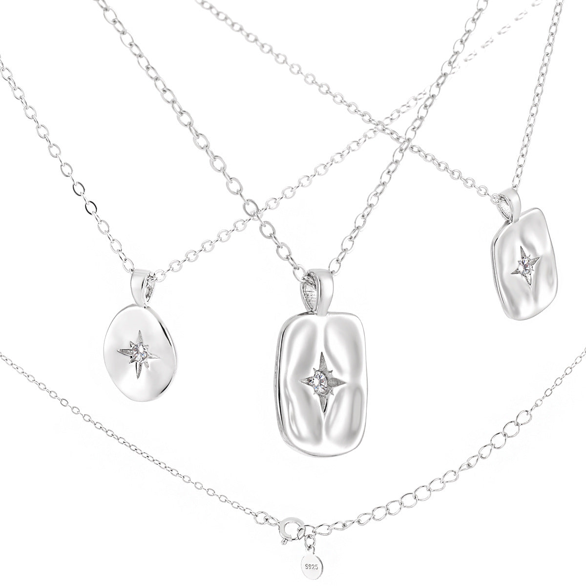 Women Geometry Shining CZ Star Geometry 925 Sterling Silver Necklace