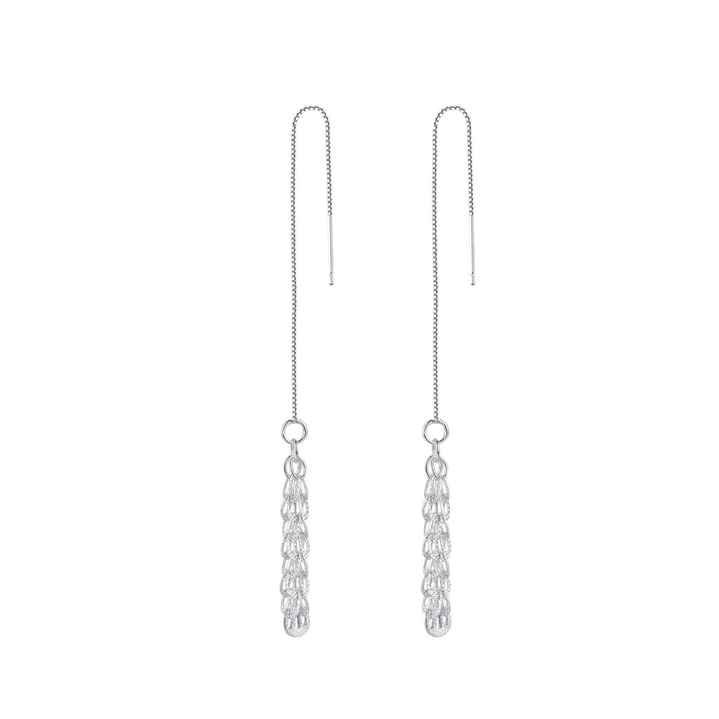 Elegant Long Chain Tassel Cubic Zirconia in 925 Sterling Silver Tassel Feather Threader Earrings