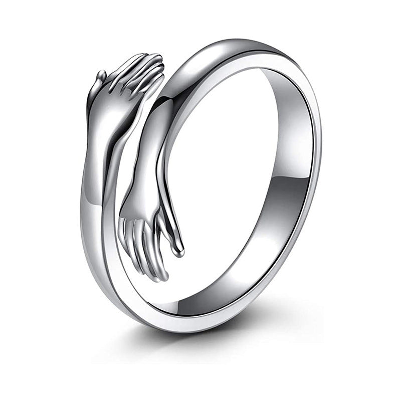 Romantic Korean Style Hug Design Adjustable 999 Pure Silver Couple Ring Vintage Geometric Pattern for Women 2021 New Fashion Jewelry Gift