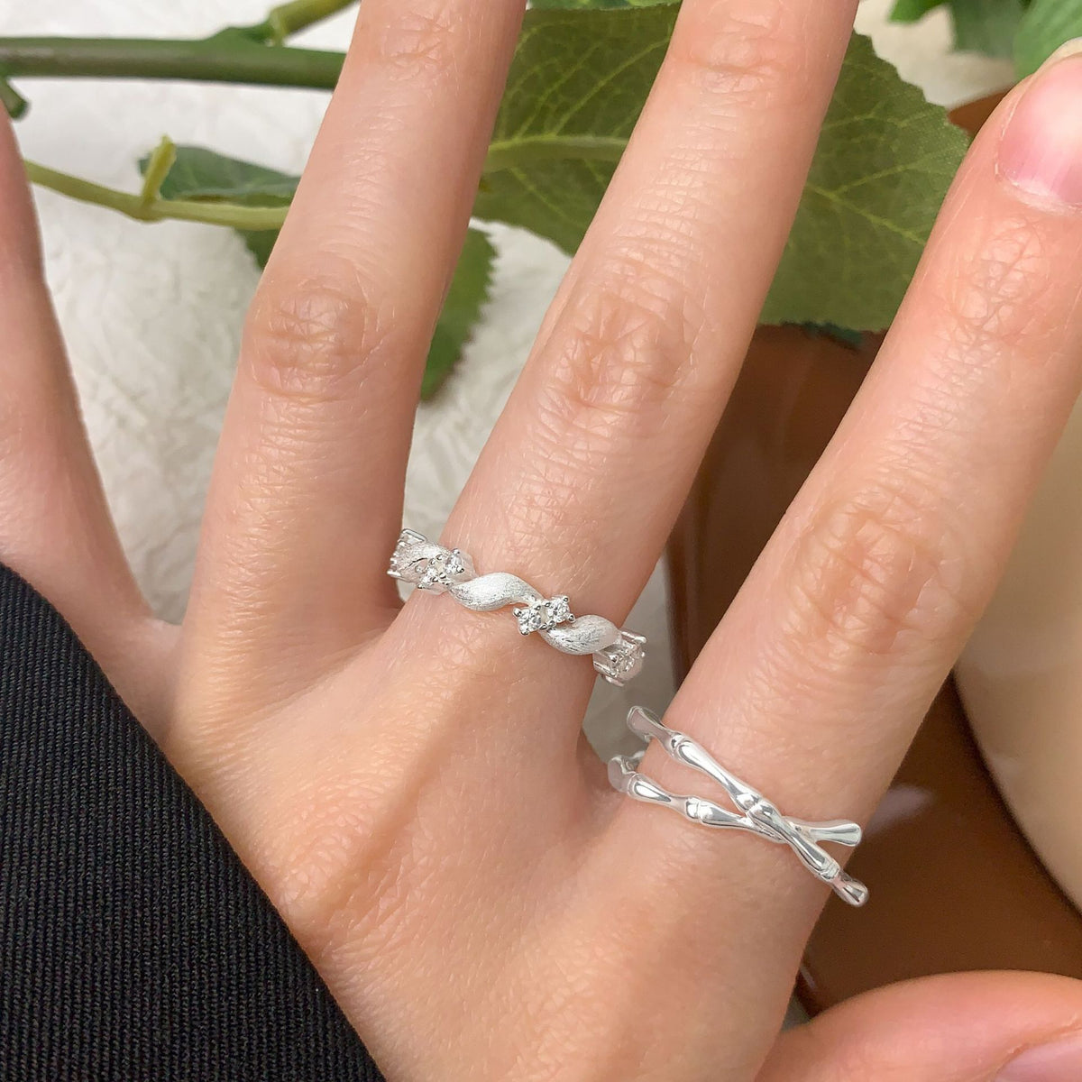Elegant Bamboo Joint Cross 925 Sterling Silver Adjustable Ring