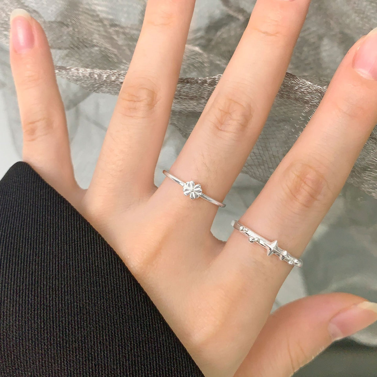 Women Cute Mini Flower 925 Sterling Silver Adjustable Ring
