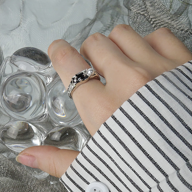Minimalist Geometric Black Stone and Pearl Adjustable 925 Sterling Silver Ring