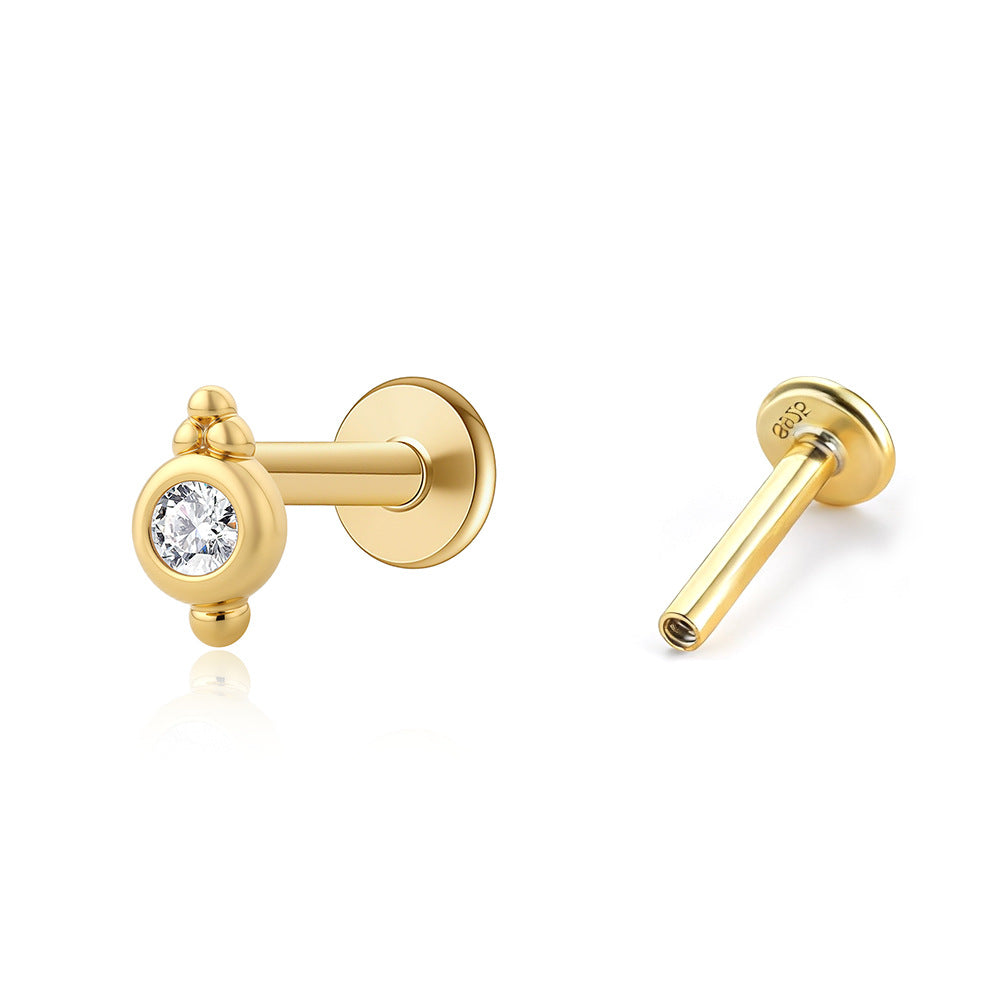 Geometric Round Cubic Zirconia Flat Back Ear Stud Zirconia 925 Sterling Silver Threaded Cartilage Piercing Stud Earring (Single)