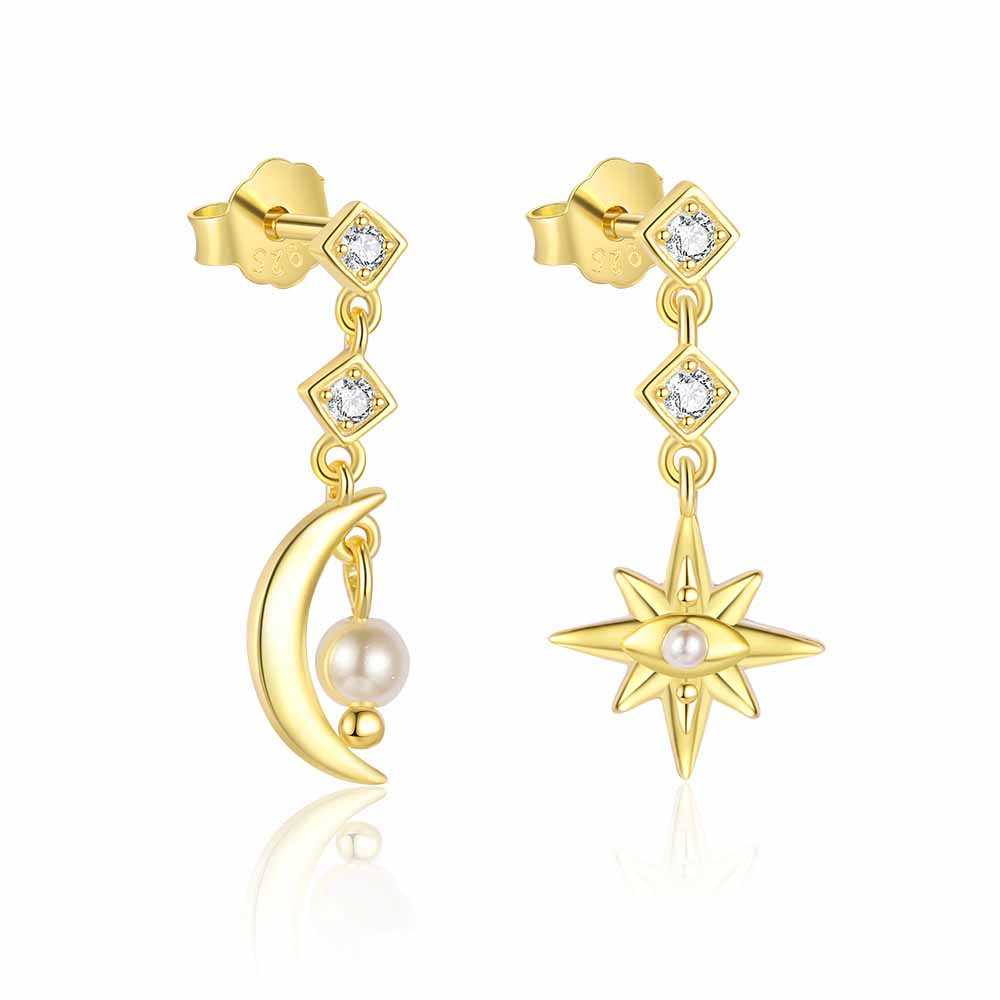 Beautiful Golden CZ Crescent Moon Star 925 Sterling Silver Dangling Earrings
