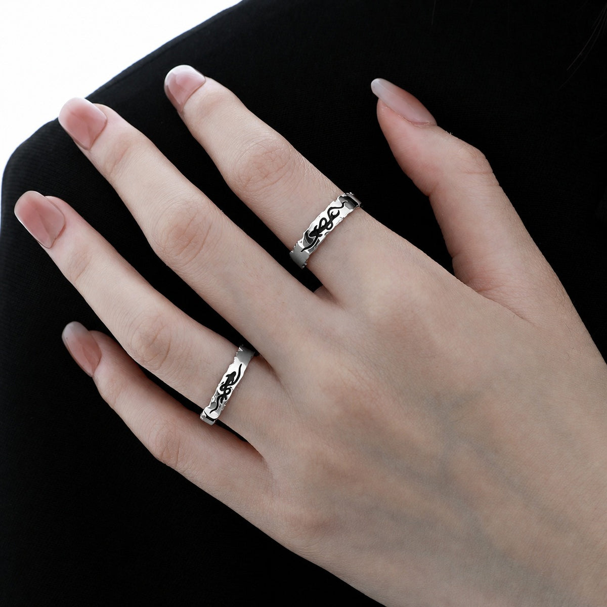Pisces Chasing the Waves  S925 Sterling Silver Adjustable Couple's Ring Set with Black Enamel Openwork Rings