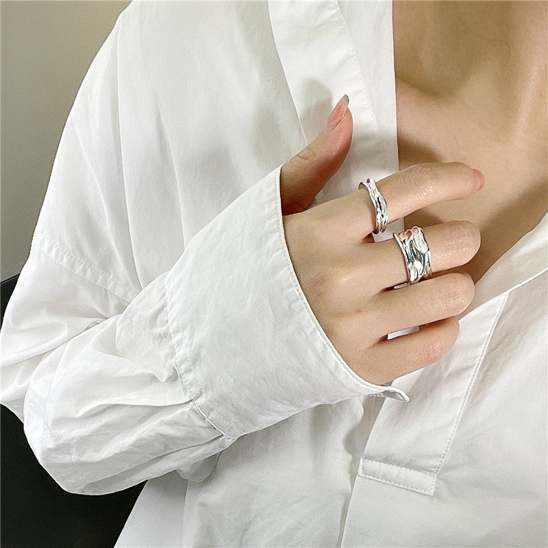 Minimalist Irregular Stream Texture Polished 925 Sterling Silver Adjustable Open Ring