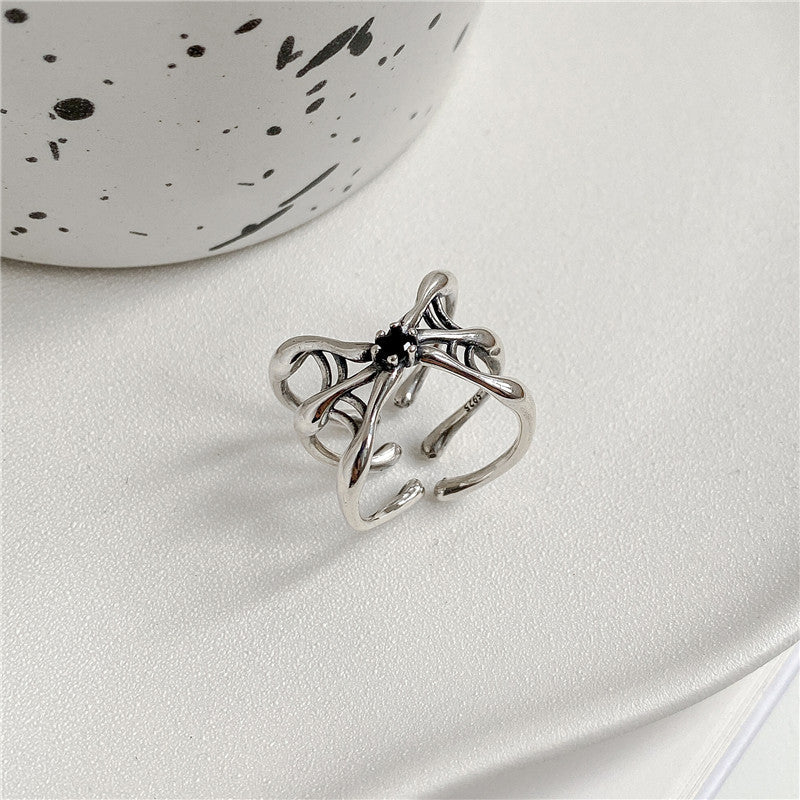 Women Fashion Unique Vintage Design Statement Jewelry Dark Gothic Spider Black Cubic Zirconia 925 Sterling Silver Adjustable Ring
