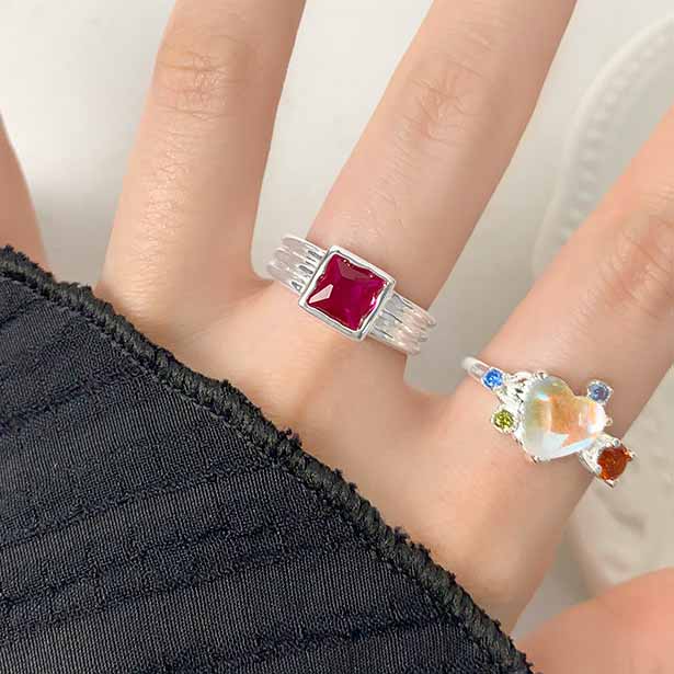 Elegant Red Sqaure CZ Geometry 925 Sterling Silver Adjustable Ring