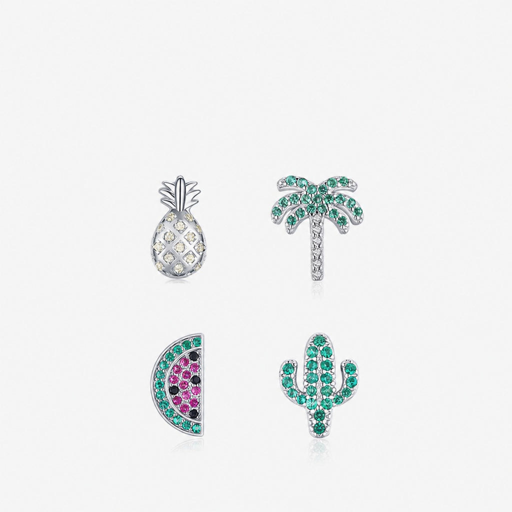 Pendientes, Arete individual de plata de ley 925 con circonia cúbica y diseño tropical de hoja de piña y palmera en forma de granada