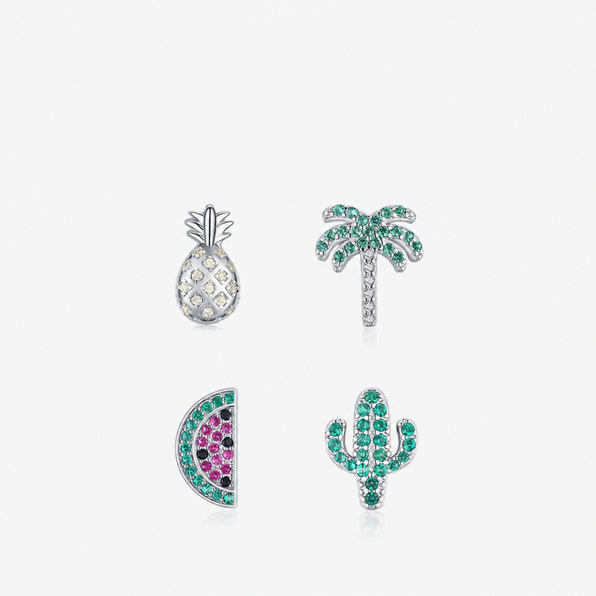 Pendientes, Arete individual de plata de ley 925 con circonia cúbica y diseño tropical de hoja de piña y palmera en forma de granada