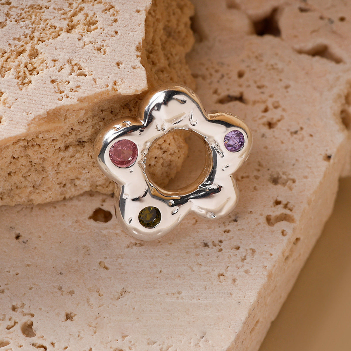 Wrinkled Color-Contrast Flower Pendant S925 Sterling Silver Trendy Fashion Artisan Charm
