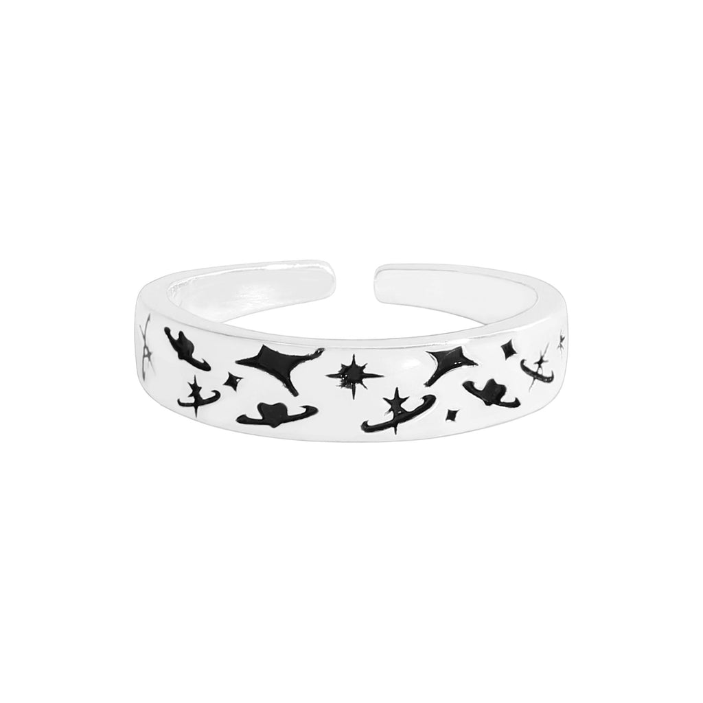Party Black Graffiti Star Moon 925 Sterling Silver Adjustable Ring
