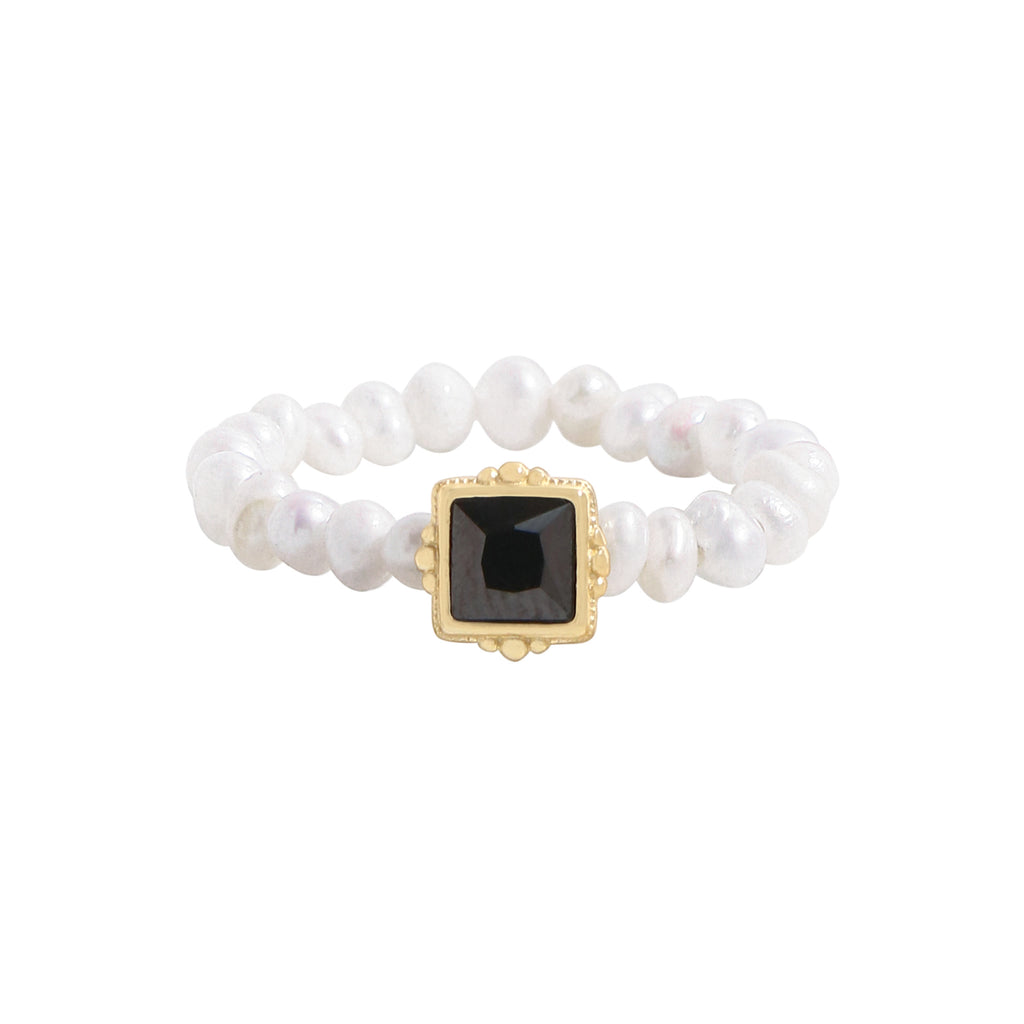 Women Elegant Black Square CZ Natural Pearls 925 Sterling Silver Ring