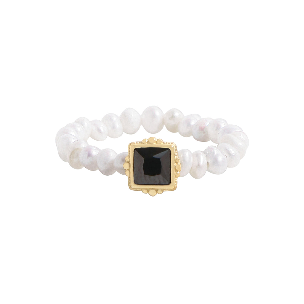 Women Elegant Black Square CZ Natural Pearls 925 Sterling Silver Ring