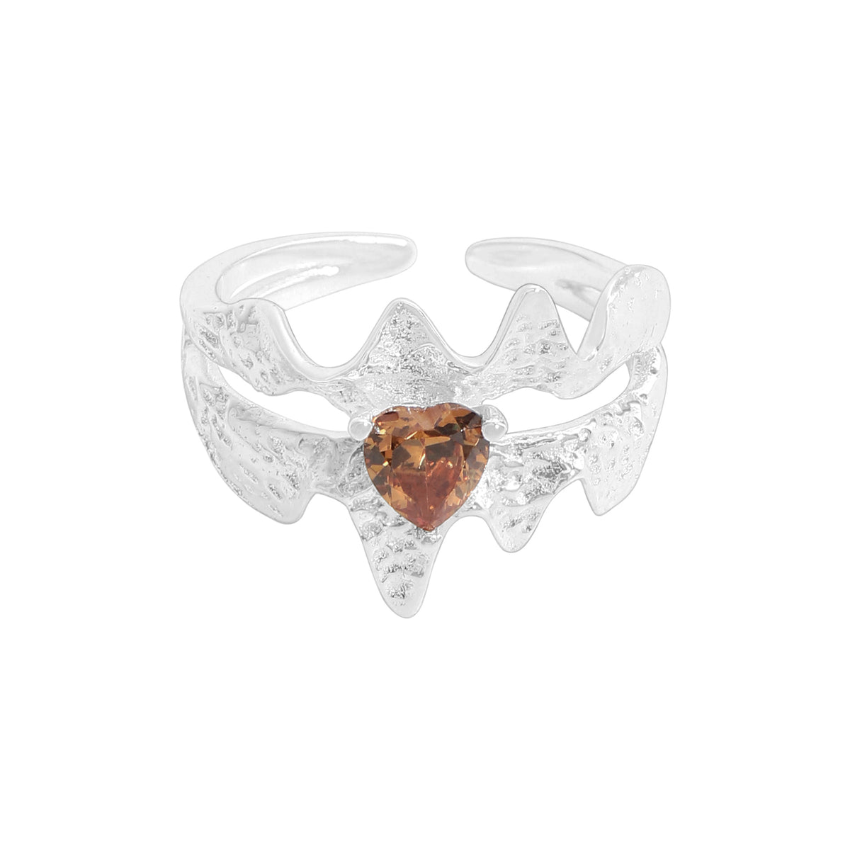 Fashion Double Layers Brown CZ Heart 925 Sterling Silver Wave Adjustable Ring