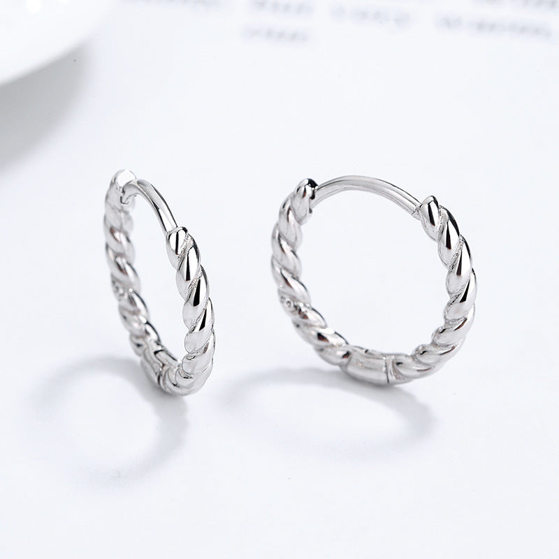 Pure Metal Twisted C Shape Hoop Earrings S925 Sterling Silver Minimalist Rope Texture Wave Design  Earrings