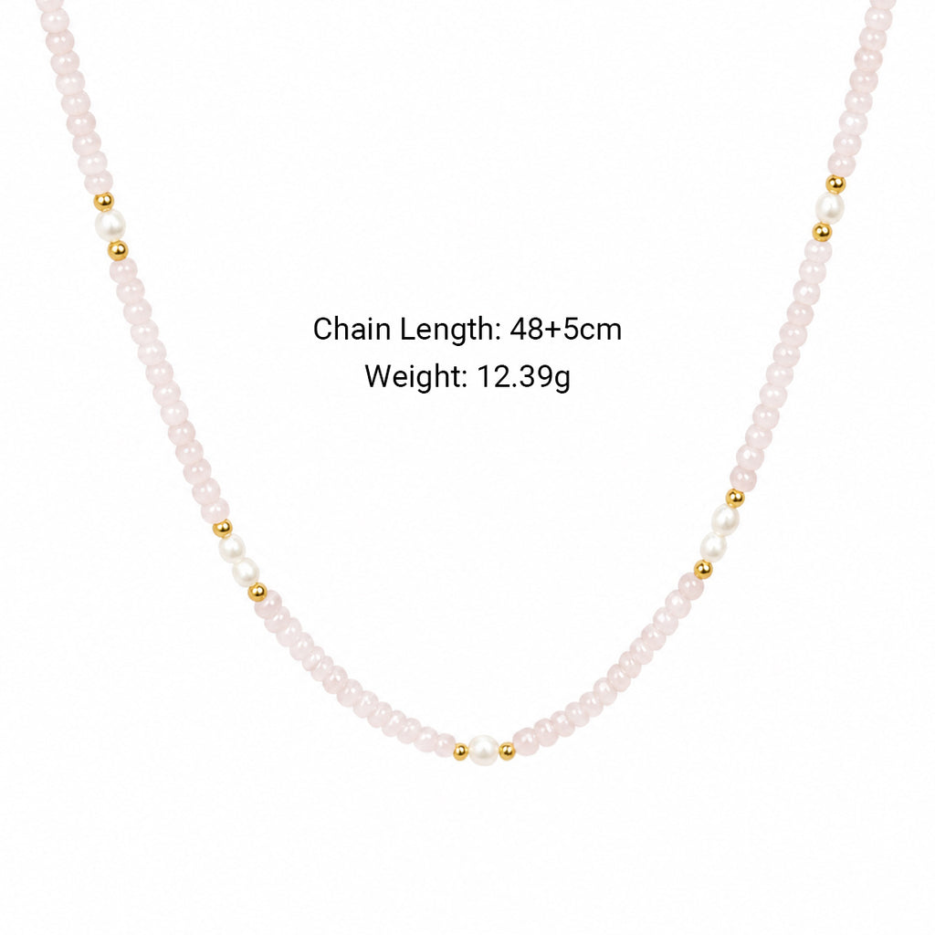 Dainty Pink Natural Rose Quartz Freshwater Multi Size Pearl Beaded Adjustable Elegant 925 Sterling Silver Necklace