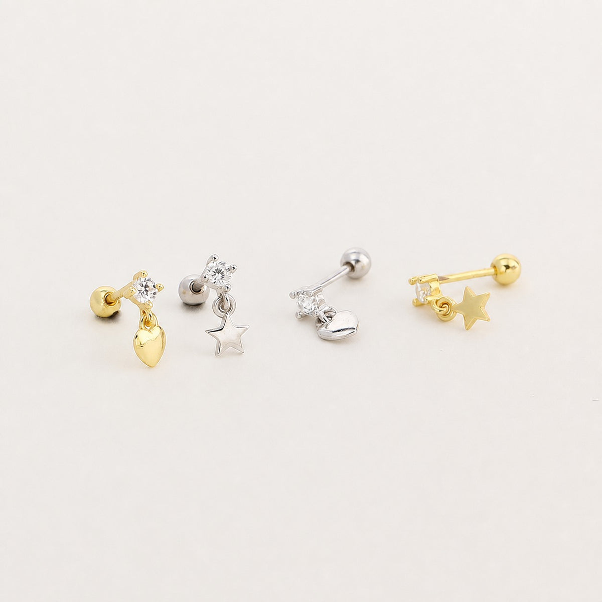 Pendientes con colgantes de zirconia cúbica en forma de mini corazón y estrella en plata esterlina S925