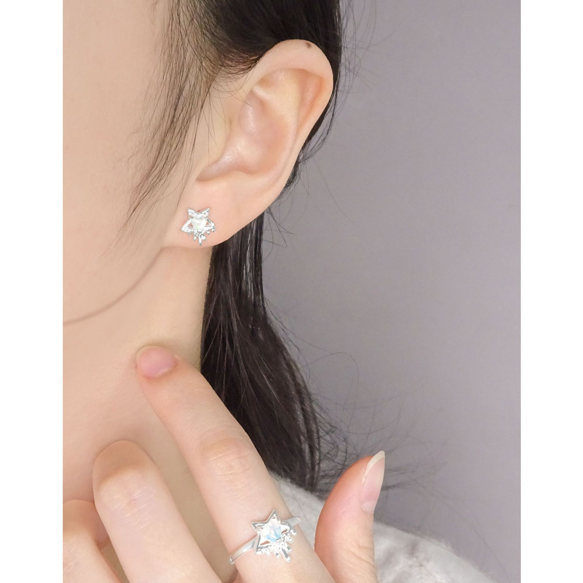 Elegant Fashion Heart Shining Star Design Opal 925 Sterling Silver Stud Earrings
