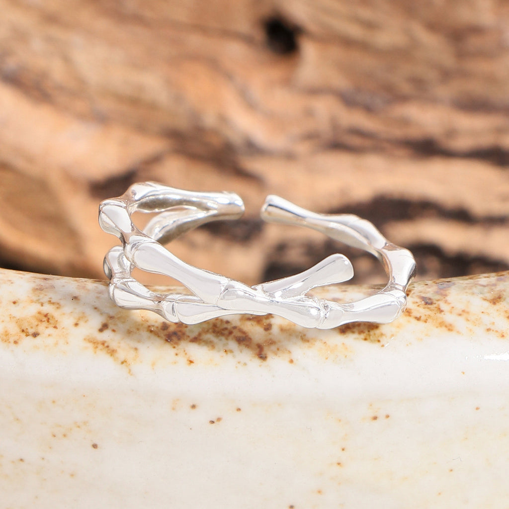 Elegant Bamboo Joint Cross 925 Sterling Silver Adjustable Ring