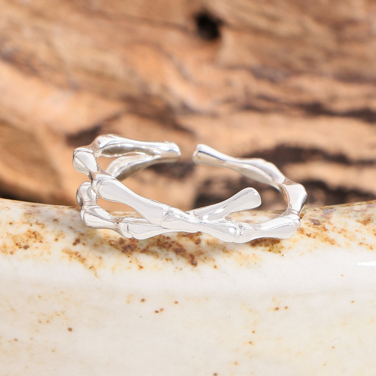 Elegant Bamboo Joint Cross 925 Sterling Silver Adjustable Ring