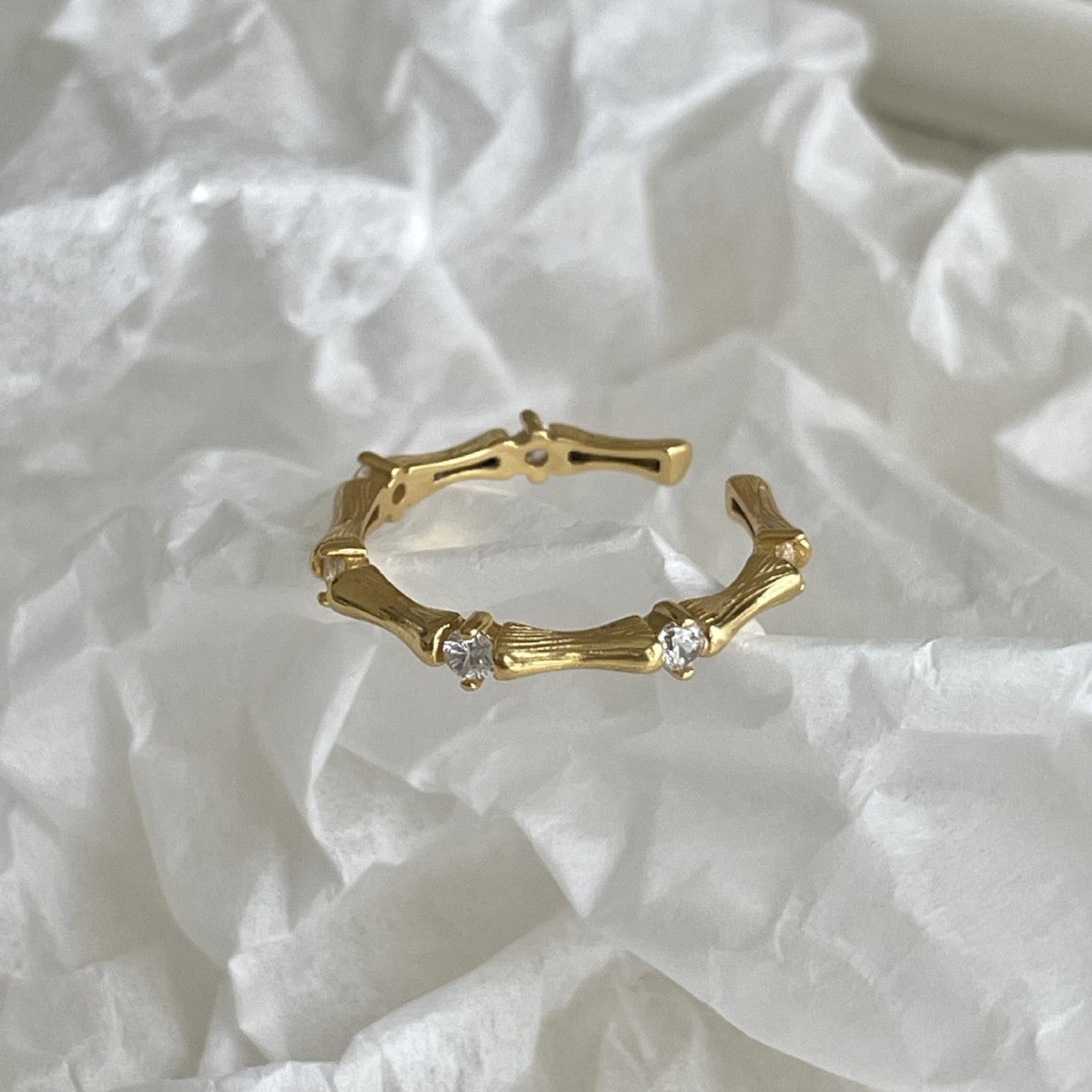 Simple Irregular CZ Camboo Joint 925 Sterling Silver Adjustable Ring