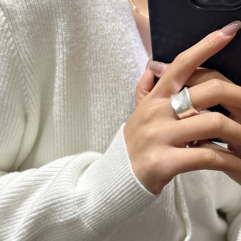 Wide Band Irregular Wave  Silver Color Solid 925 Sterling Silver Adjustable Open Ring