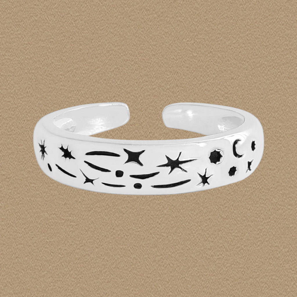 Holiday Black Star Moon Graffiti 925 Sterling Silver Adjustable Satcker Ring
