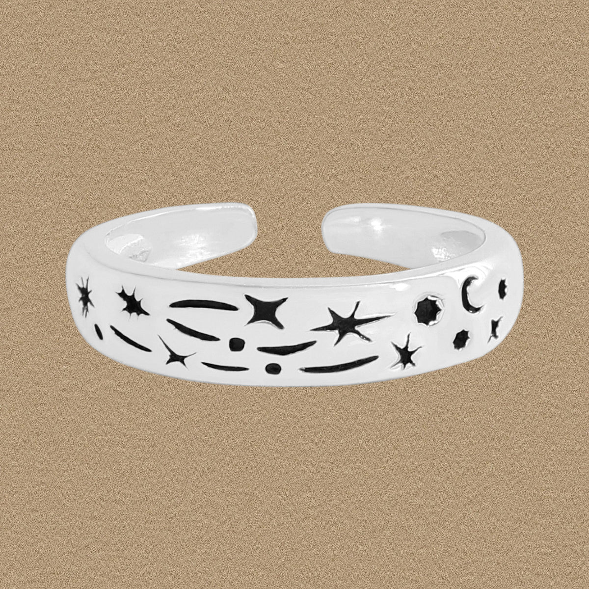 Holiday Black Star Moon Graffiti 925 Sterling Silver Adjustable Satcker Ring