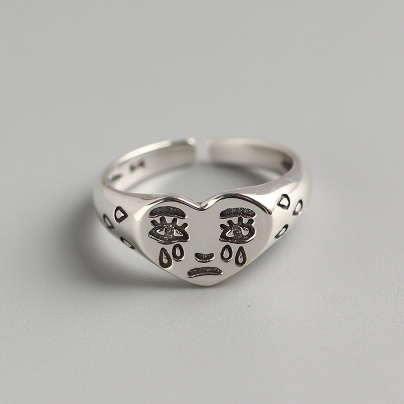 Vintage Heart Shape Crying Face 925 Sterling Silver Adjustable Ring