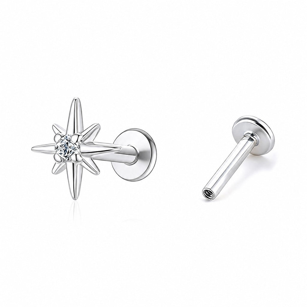 Eight Point Star Cubic Zirconia 925 Sterling Silver Stud Earring (Single)