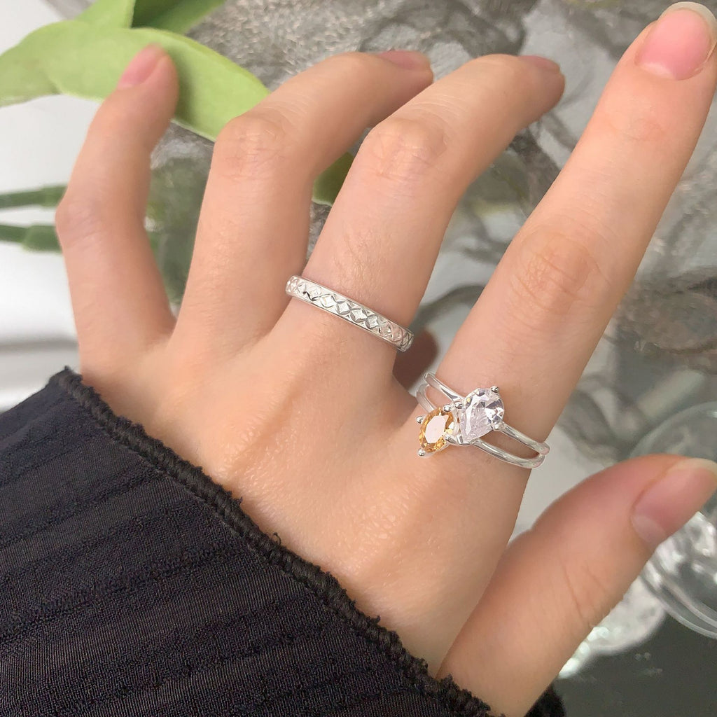Women Elegant Champagne Color White Oval Waterdrop CZ 925 Sterling Silver Adjustable Ring