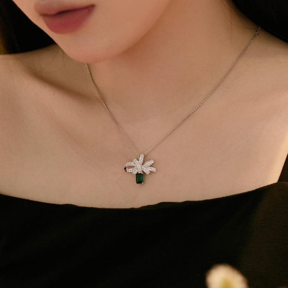 Women Elegant Baguette Green CZ Bow-knot 925 Sterling Silver Necklace Ring Stud Earrings