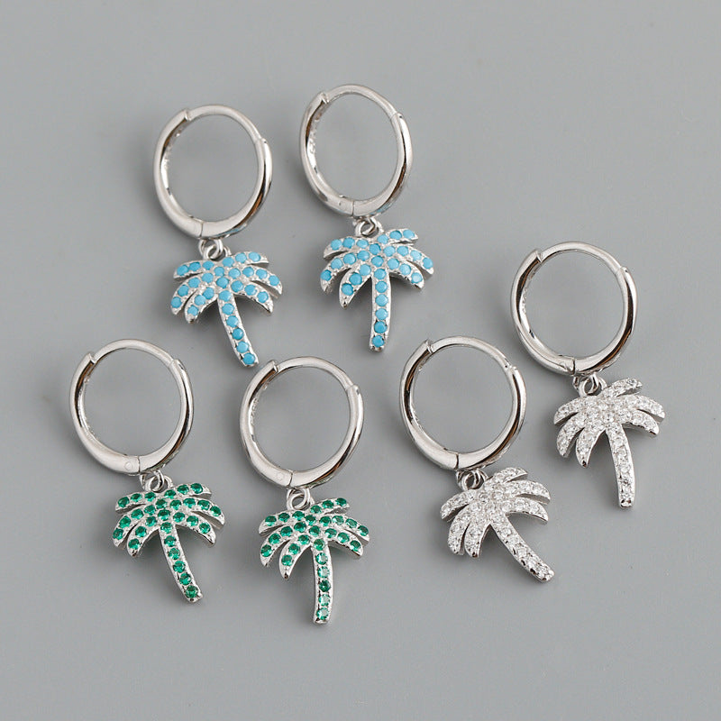 Summer Tropical Palm Tree-shaped Cubic Zirconia S925 Silver Hoop Earrings
