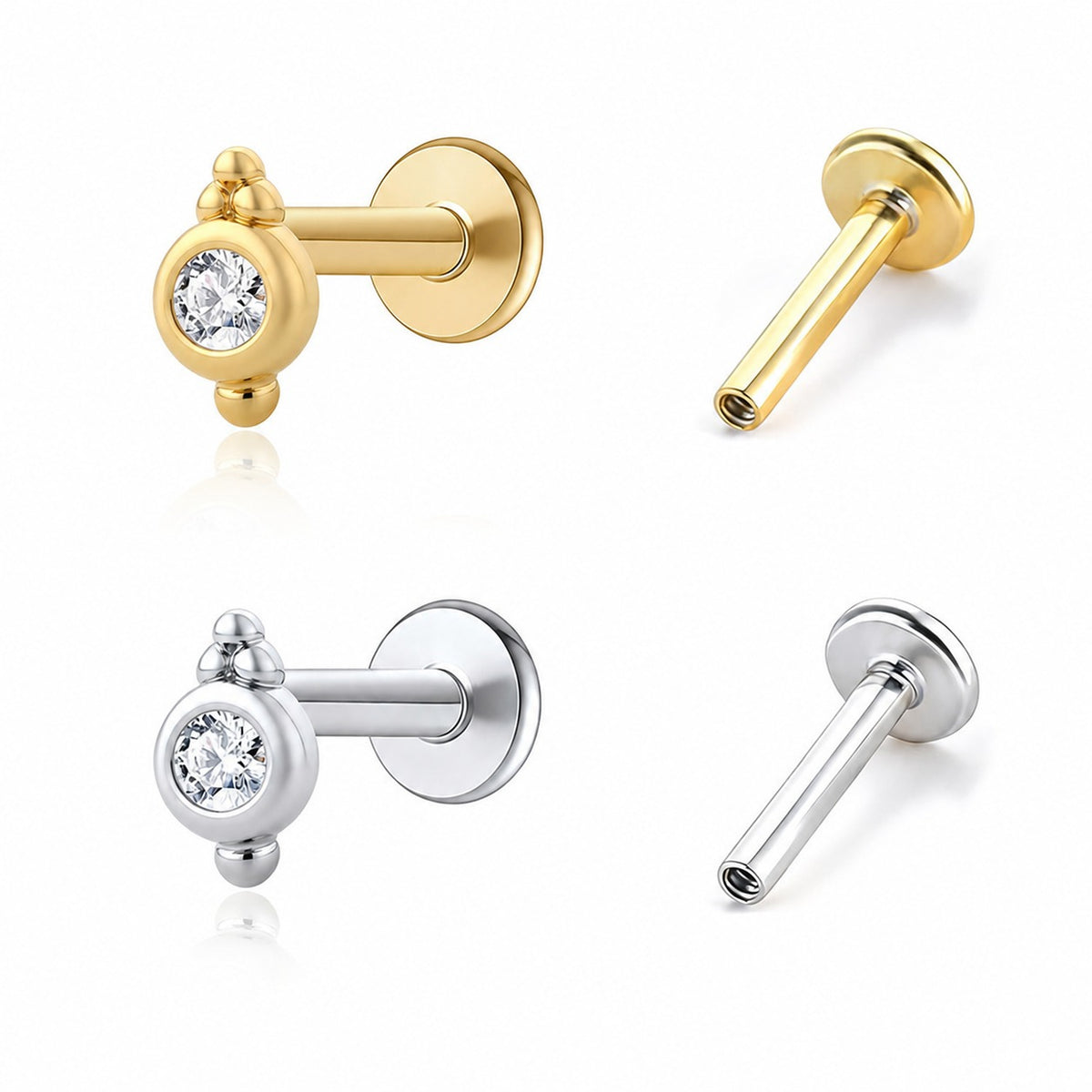Geometric Round Cubic Zirconia Flat Back Ear Stud Zirconia 925 Sterling Silver Threaded Cartilage Piercing Stud Earring (Single)