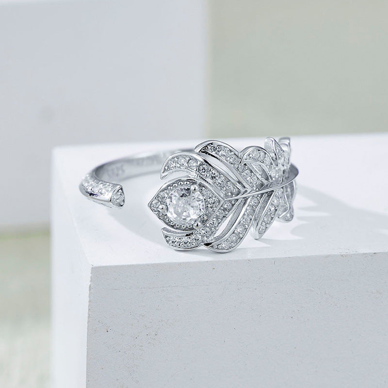 Elegant Peacock Feather Design Cubic Zirconia 925 Sterling Silver Adjustable Ring