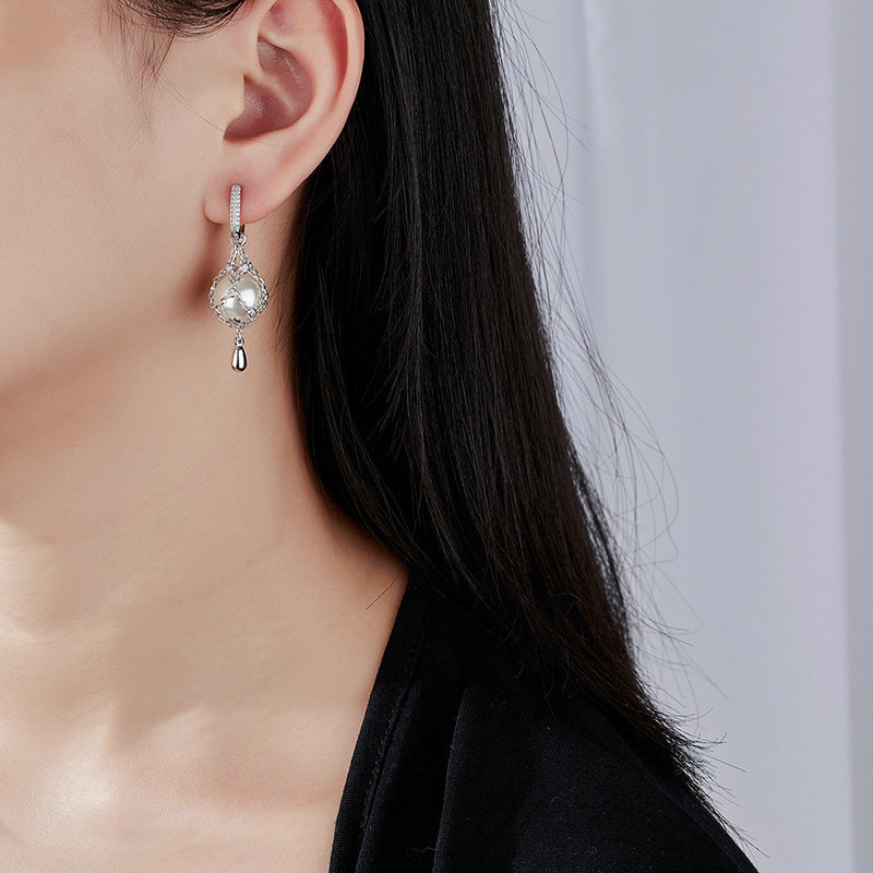 Elegant Net Design Freshwater Pearl 925 Sterling Silver Dangle Earrings