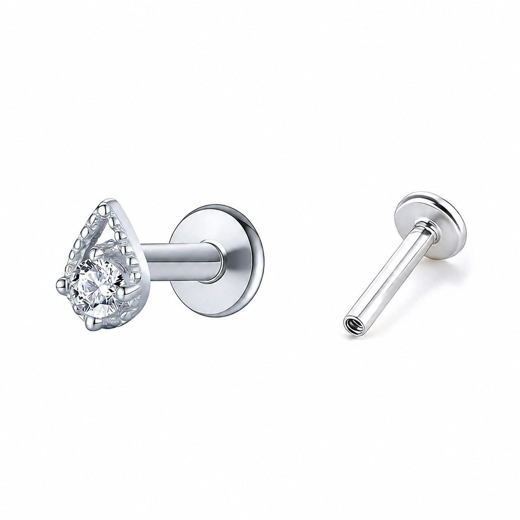Teardrop Cubic Zirconia 925 Sterling Silver Internal Thread Flat Back Ear Stud Earrings(Single)