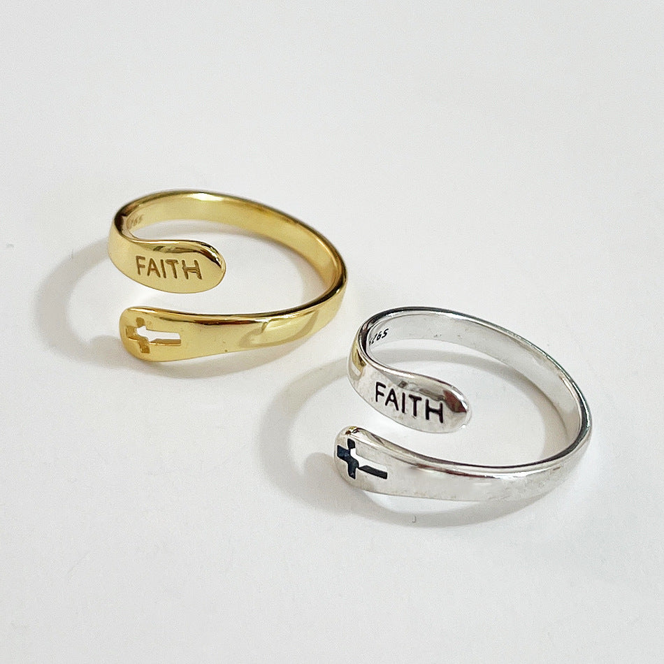 Anillo abierto con cruz y letra de fe religiosa minimalista para mujer, vintage, de plata esterlina 925 ajustable