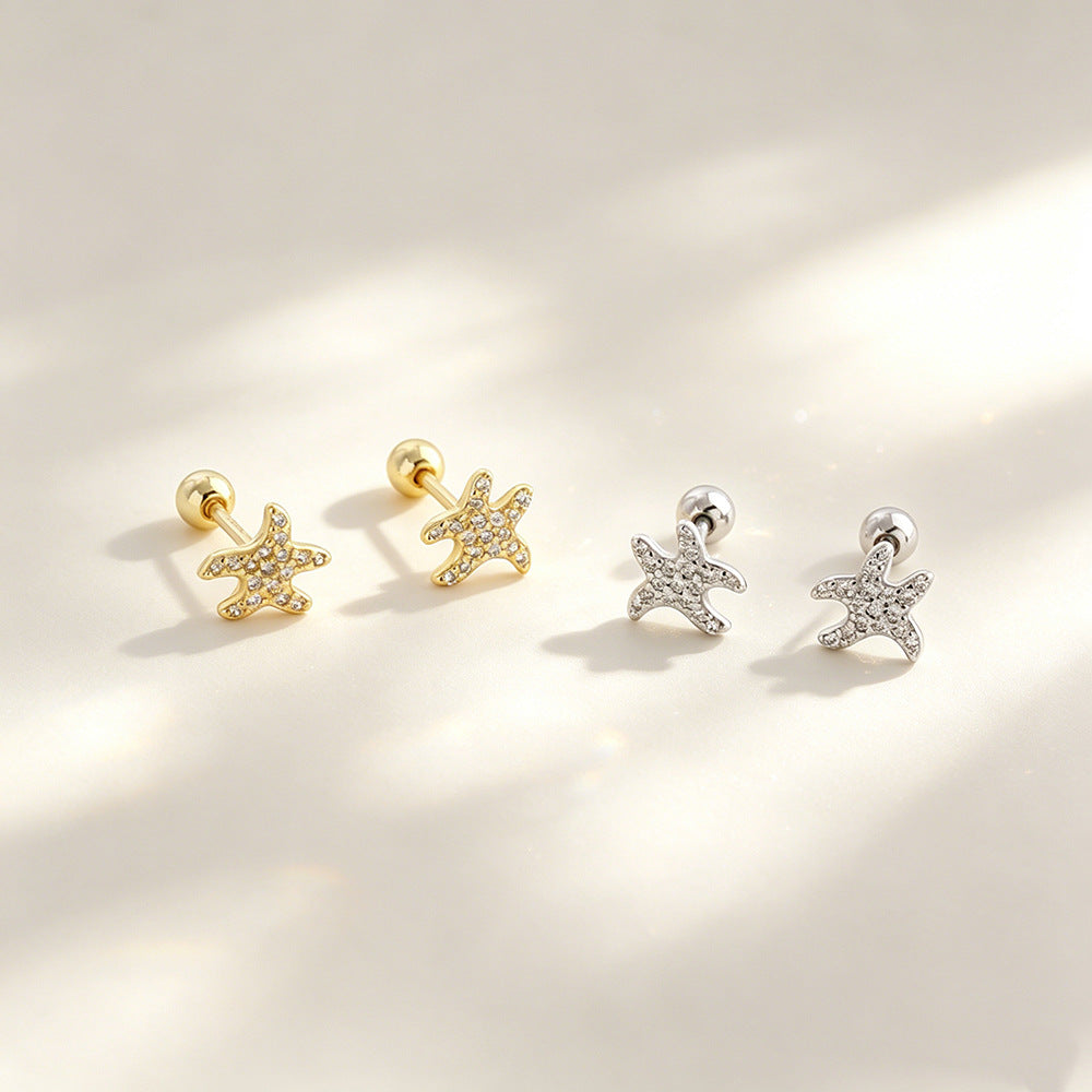 Pendientes de botón de estrella de mar con circonia, de plata de ley 925, con temática oceánica