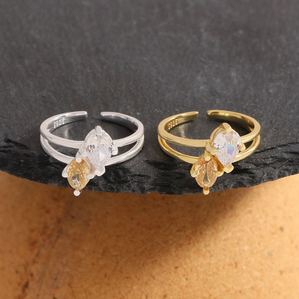 Women Elegant Champagne Color White Oval Waterdrop CZ 925 Sterling Silver Adjustable Ring