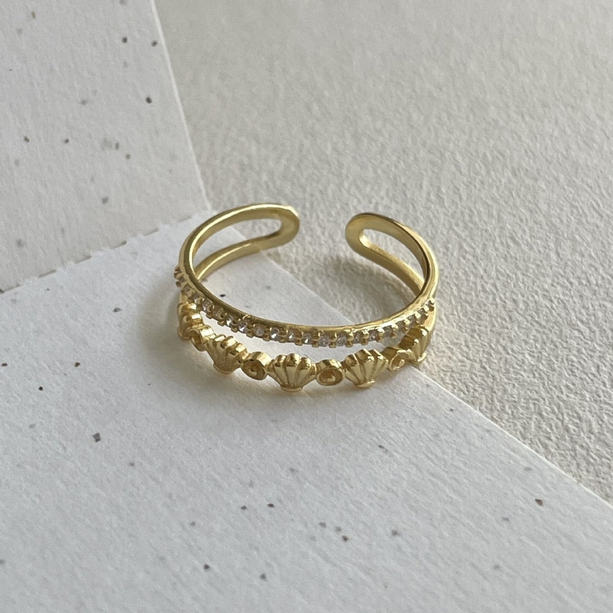Women Fashion Double Layers CZ Shell 925 Sterling Silver Adjustable Ring