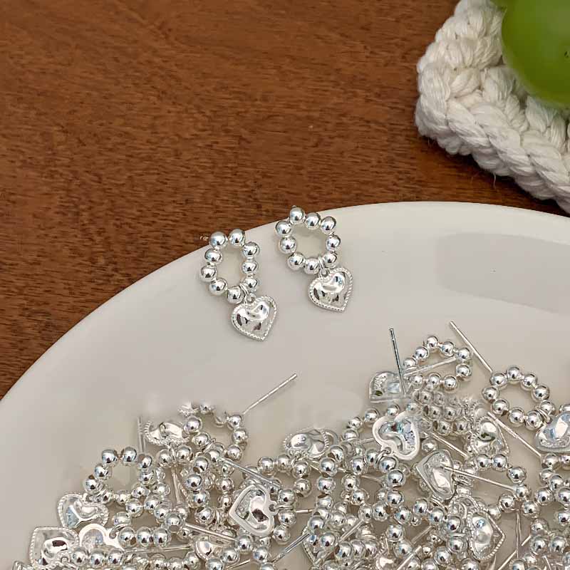 Anniversary Girl Heart Beads 925 Sterling Silver Dangling Earrings