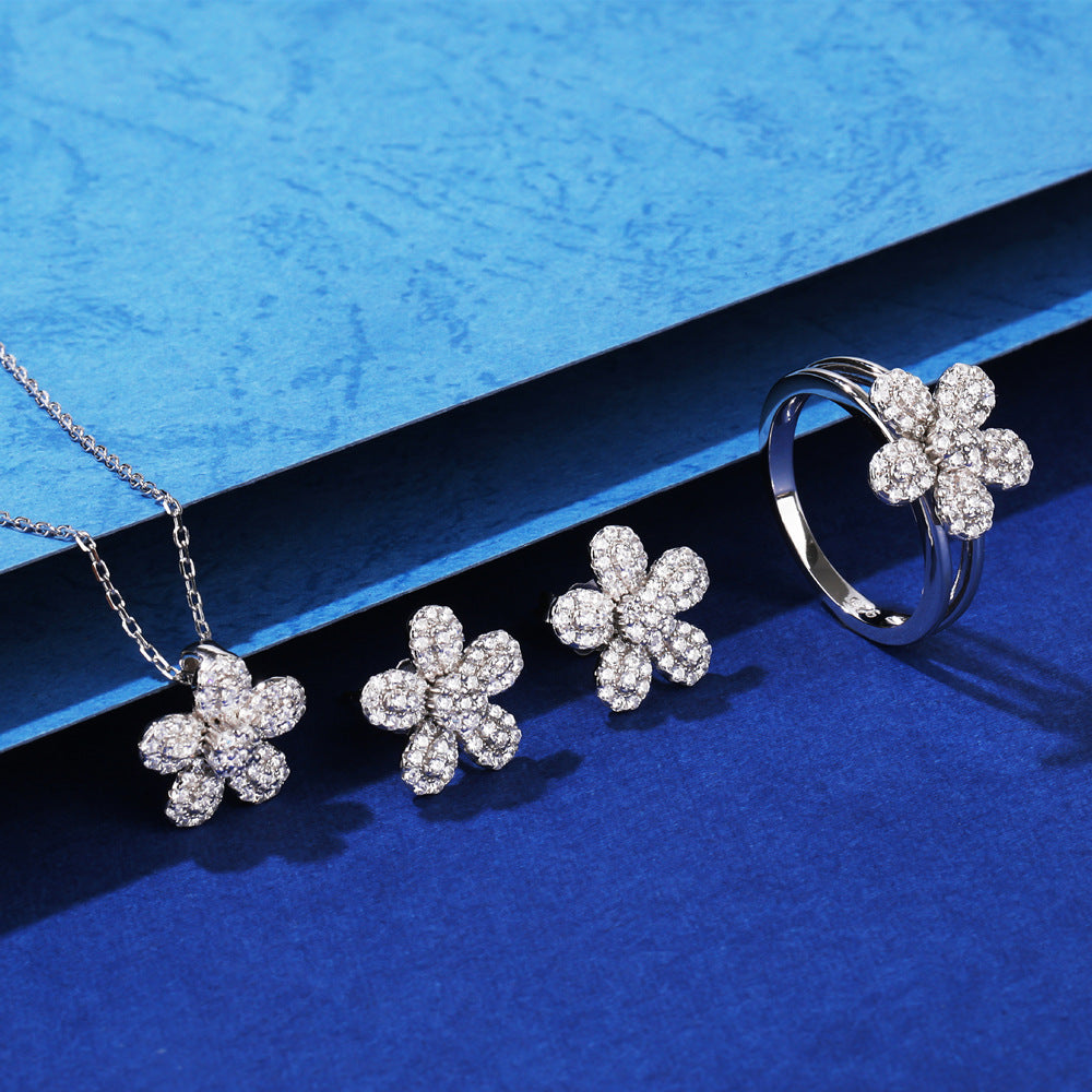 Silver Six Petal Flower Cubic Zirconia Micro Pave S925 Sterling Silver Delicate Floral DesignStud Earrings