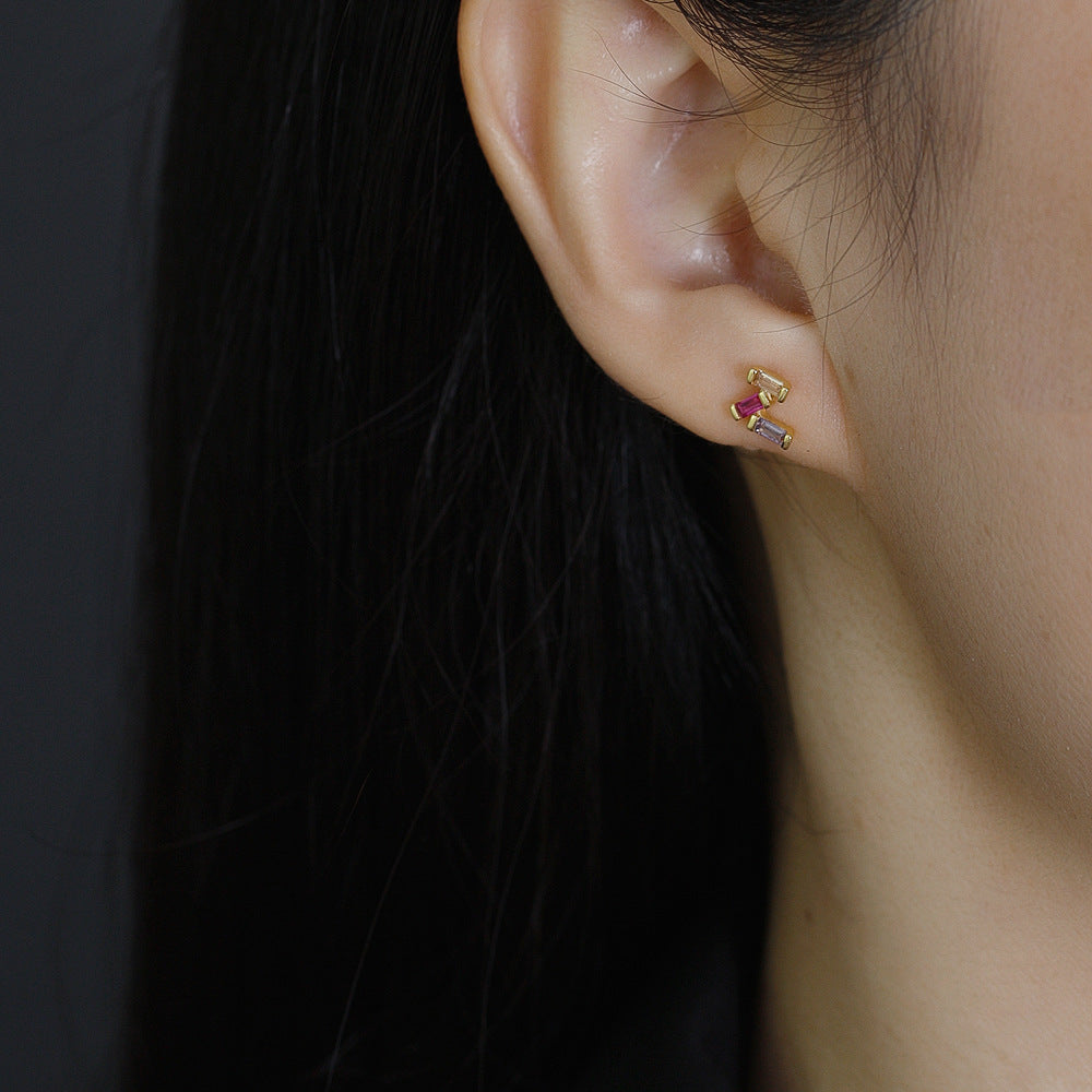 Rectangular Geometric Multicolor Zirconia Fashion 925 Silver Stud Earrings