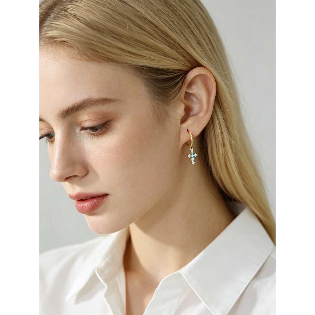 Cross shaped Geometric Cubic Zirconia 925 Sterling Silver Earrings