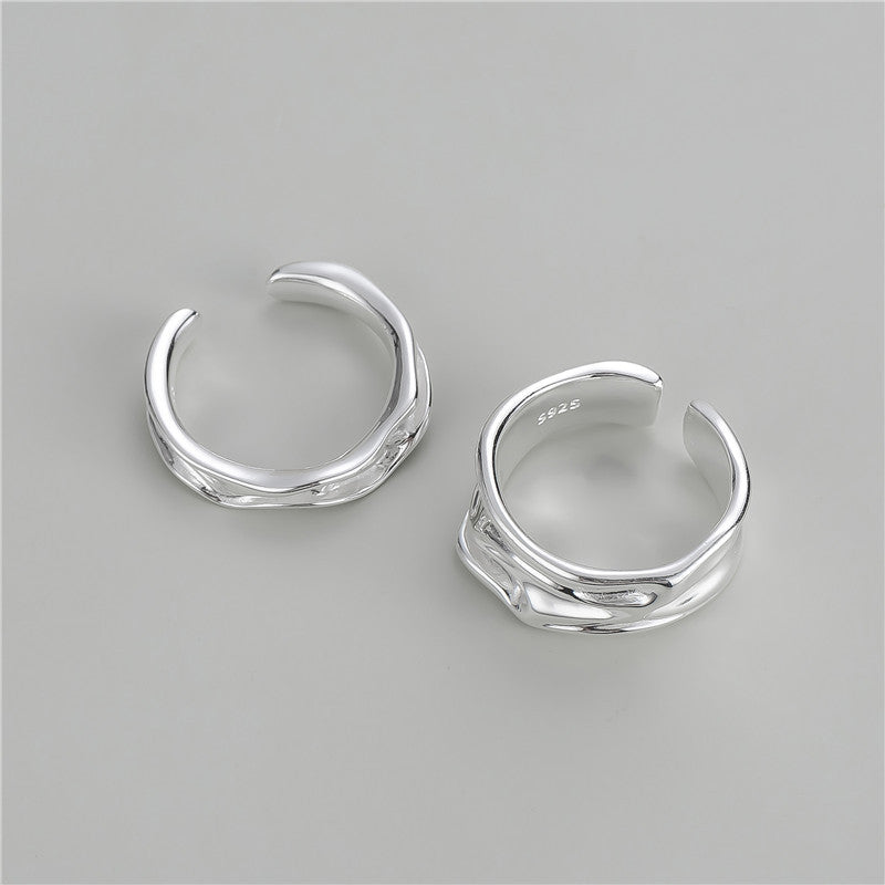 Minimalist Irregular Stream Texture Polished 925 Sterling Silver Adjustable Open Ring