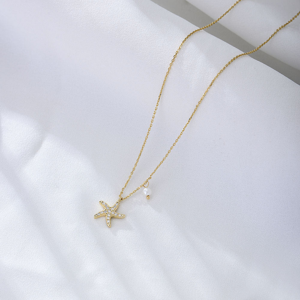 Starfish Pearl Cubic Zirconia 925 Sterling Silver Elegant Short Collar Chain Necklace