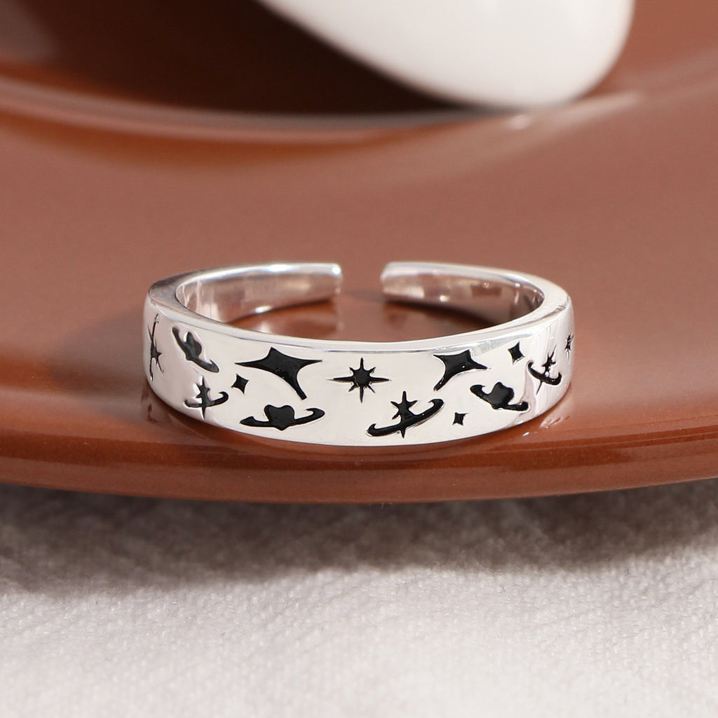 Party Black Graffiti Star Moon 925 Sterling Silver Adjustable Ring