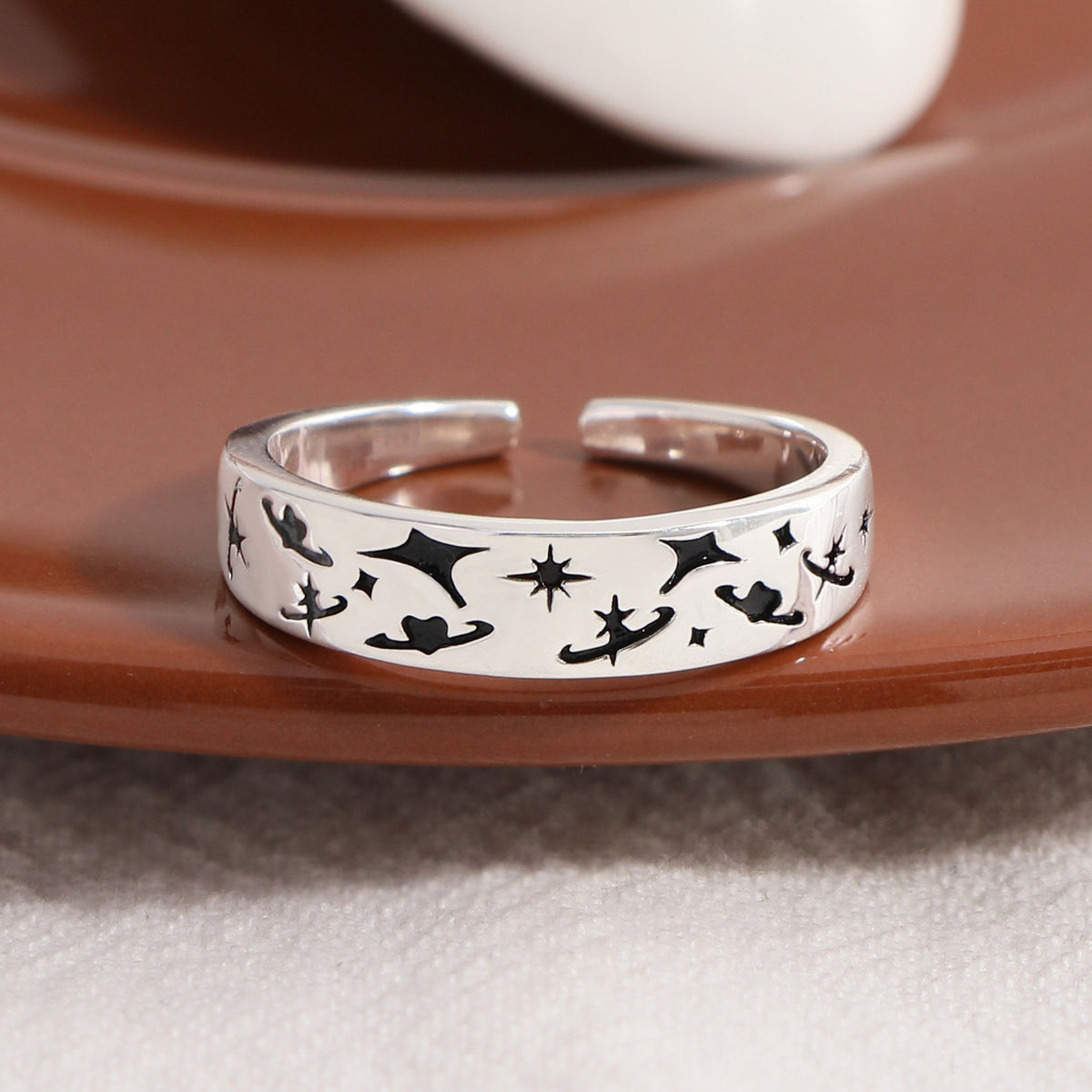 Party Black Graffiti Star Moon 925 Sterling Silver Adjustable Ring